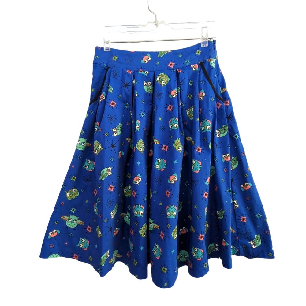 Lindy Bop Owl‎ Skirt Womens 6 Blue Pockets Stretch Poplin